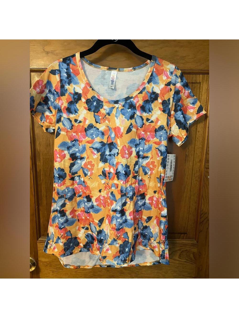 LuLaRoe Classic T Shirt Floral Print Blue Orange Short Sleeve High Low XS NWT